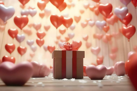 A gift box sits among floating heart balloons. Perfect for Valentine's Day.の写真素材