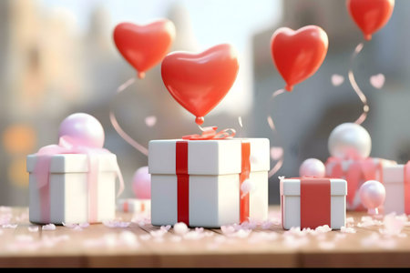 Romantic scene with heart-shaped balloons and gifts. Perfect for Valentine's Day.の写真素材