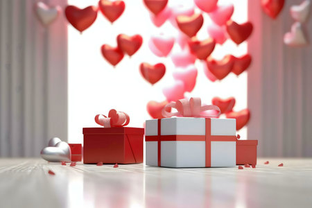 Red and white gifts with hearts for Valentine's Day.の写真素材