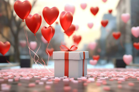 A white gift box with red ribbon, surrounded by red and pink heart-shaped balloons. City backdrop