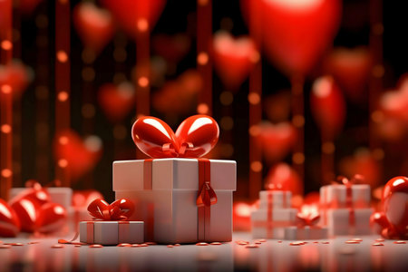 White gift boxes with red ribbons and hearts backgroundの写真素材