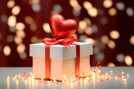 A white gift box topped with a red heart sits amidst sparkling lights. A romantic Valentine's Day scene.の写真素材