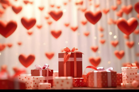 Red gifts and floating hearts for Valentine'sの写真素材
