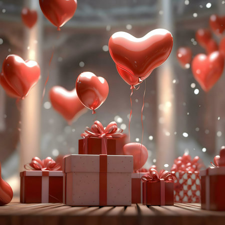 Heart-shaped balloons and gifts create a romantic Valentine's Day scene.の写真素材