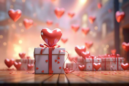 A 3D-rendered image of a gift box adorned with a heart, surrounded by floating hearts. Perfect for...