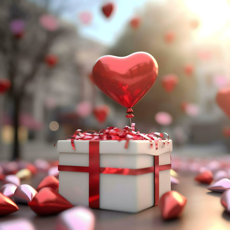 A red heart balloon sits atop a beautifully wrapped gift, surrounded by scattered hearts. A perfect Valentines Day image!の写真素材