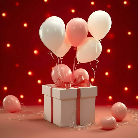 A white gift box with a pink ribbon, surrounded by pink and white balloons against a red background with lights.の写真素材