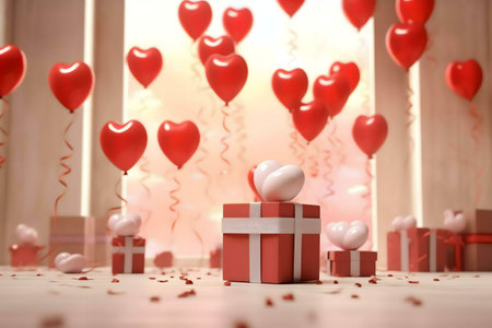 Red heart balloons and gifts create a romantic Valentine's Day scene.の写真素材