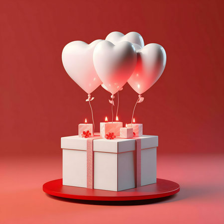 A white gift box with heart-shaped balloons and candles. Romantic and festive.