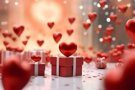 Red hearts float around gifts, a perfect Valentine's Day scene.の写真素材