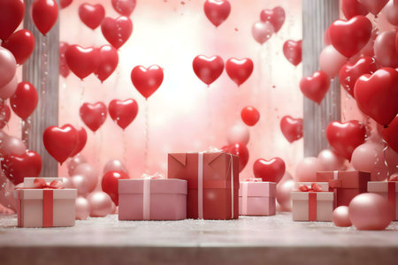 A romantic Valentine's Day scene featuring heart-shaped balloons and gifts.の写真素材