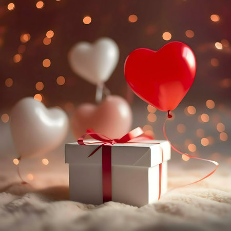 A romantic Valentine's Day scene featuring a gift box, heart-shaped balloons, and bokeh lights.の写真素材