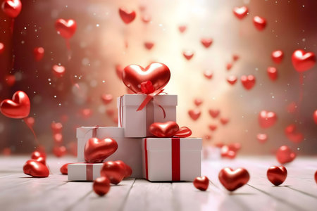 White gift boxes adorned with red hearts, floating hearts in the background. Romantic Valentine's Day scene.の写真素材