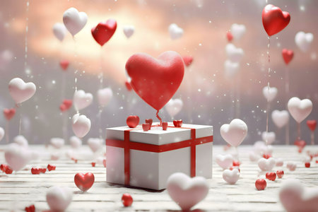 A white gift box sits amongst many heart-shaped balloons, celebrating love and romance.の写真素材