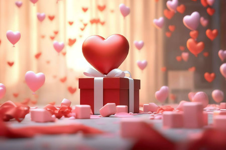 A red heart-shaped balloon sits atop a red gift box, surrounded by many floating pink and red hearts. A romantic scene for Valentines.の写真素材
