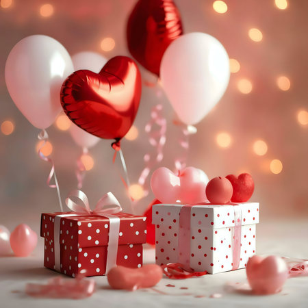 Valentine's Day gifts, red and white polka dot boxes, heart-shaped balloons, romantic atmosphere.の写真素材