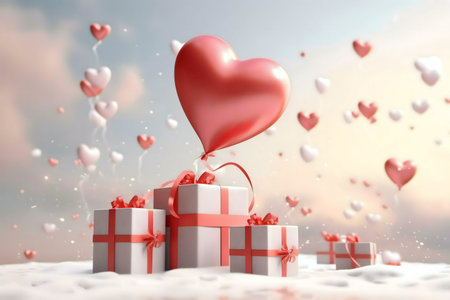 Heart-shaped balloons and gifts create a romantic atmosphere perfect for Valentine's Day.の写真素材