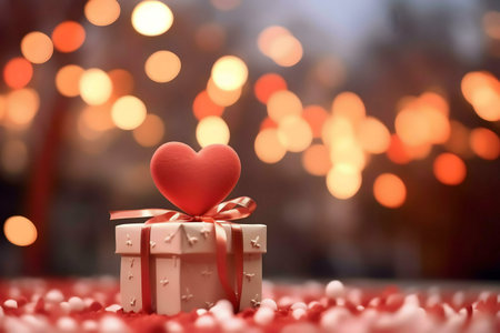 A red heart sits on top of a gift box, symbolizing Valentine's Day love.
