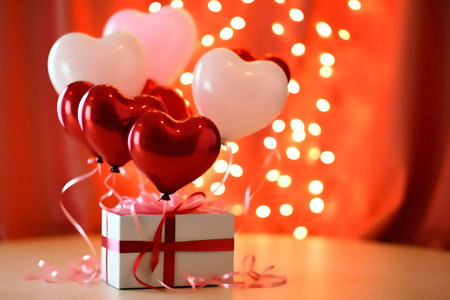 Heart-shaped balloons atop a gift box, a romantic Valentine's Day scene.の写真素材