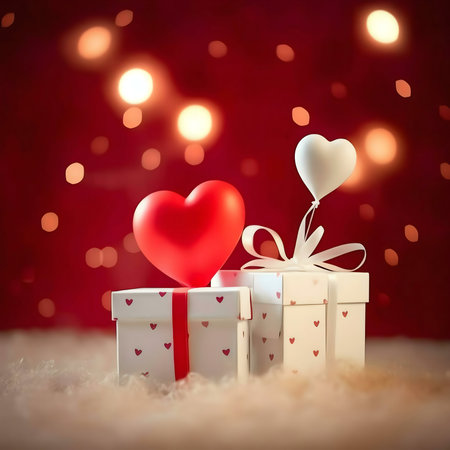 Two lovely gifts, one with a red heart, one white heart balloon, set against a romantic bokeh background.の写真素材