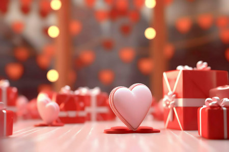 A pink heart-shaped gift sits among red presents, creating a romantic Valentine's Day atmosphere.の写真素材