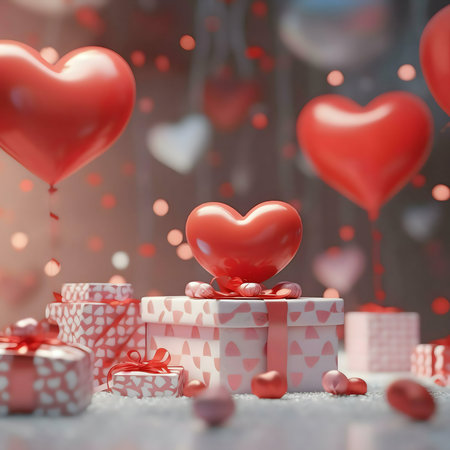 Heart-shaped gifts and balloons create a romantic Valentine's Day scene.の写真素材