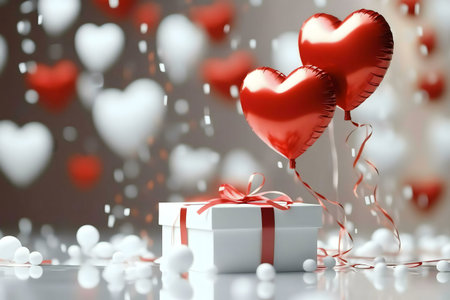 A white gift box with a red ribbon sits beneath two red heart-shaped balloons, surrounded by white hearts and confetti. A romantic setting for Valentine's Day.の写真素材