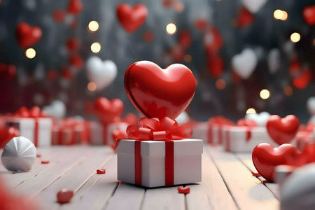 A red heart atop a white gift box, surrounded by more hearts and presents. Perfect for Valentine's...