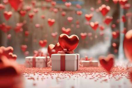 A white gift box topped with a large red heart, surrounded by smaller hearts falling, creating a romantic Valentine's Day scene.の写真素材