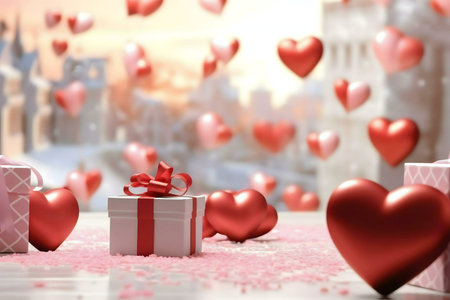Romantic Valentine's Day scene with gift boxes and floating hearts.の写真素材