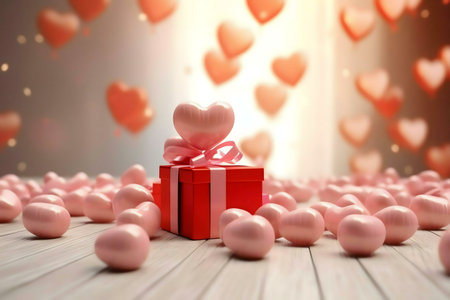 A red gift box with a pink heart sits among many pink hearts, creating a romantic Valentine's Day scene.の写真素材