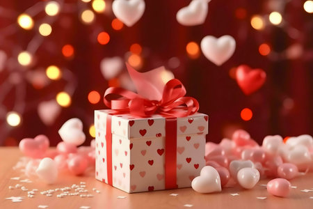 A beautifully wrapped gift box with hearts, perfect for Valentine's Day.の写真素材