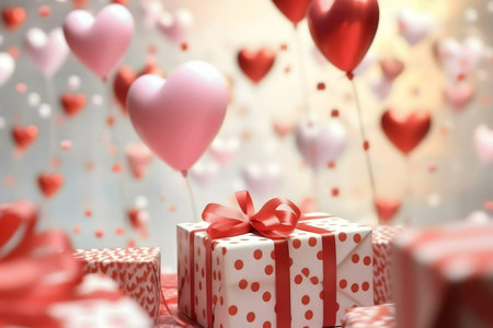 A gift wrapped in red ribbon sits in front of floating heart-shaped balloons. A perfect Valentine's Day image.の写真素材