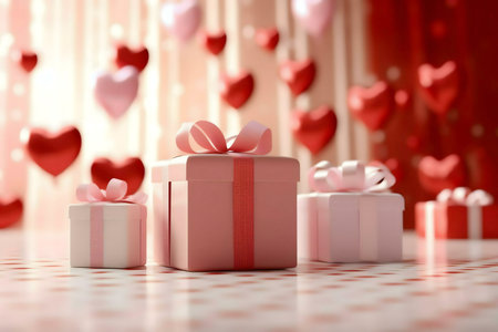 Three pink gift boxes with ribbons sit on a table, surrounded by floating red and pink hearts. Perfect for Valentines Day.の写真素材