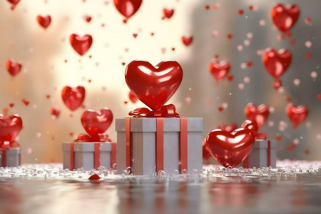 Red hearts and gifts rain down in a romantic Valentine's Day scene, filled with love and affection.の写真素材