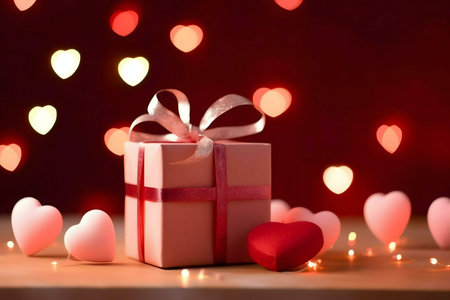A pink gift box with a red ribbon sits on a wooden table, surrounded by heart-shaped lights. Perfect for Valentine's Day.の写真素材