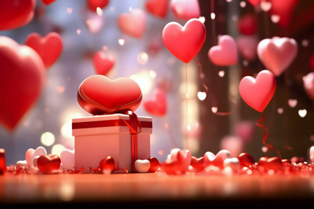 A white gift box adorned with a large red heart sits amidst falling hearts, creating a romantic Valentine's Day scene.の写真素材