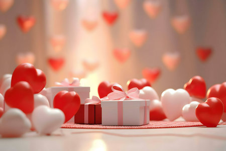 Red and white heart-shaped balloons surround beautifully wrapped gifts. Perfect for Valentine's Day.の写真素材