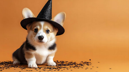 A cute corgi puppy wearing a witch's hat. Halloween celebration.の写真素材