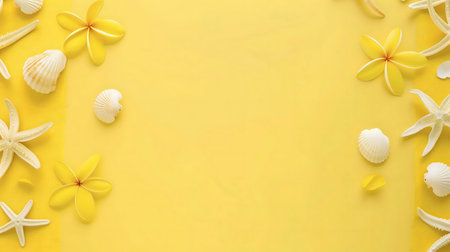 Yellow background with seashells, starfish and plumeria flowers. Summer vacation concept.の写真素材