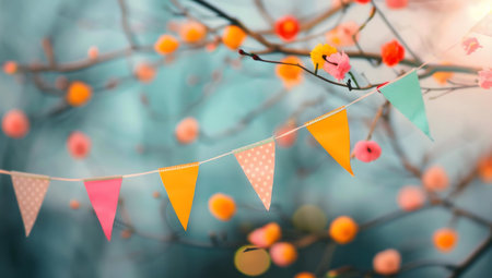 Colorful pastel bunting hangs amongst delicate spring blossoms, creating a festive and joyful scene.の写真素材