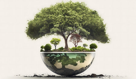 A captivating image symbolizing environmental care. A large tree thrives on top of a miniature...
