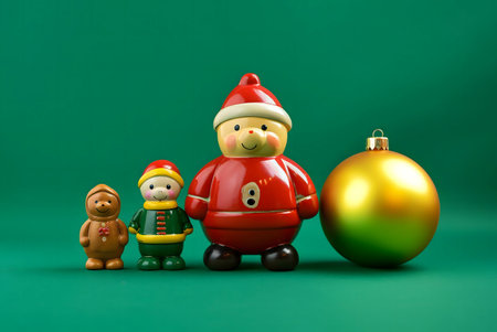 Three cute Christmas figurines and a gold ornament stand on a green background.の写真素材