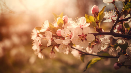 Close-up of delicate spring blossoms bathed in warm, golden sunlight. A scene of natural beauty and...