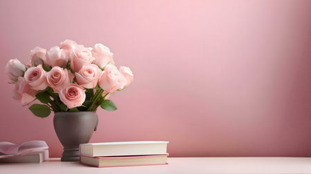 A bouquet of pink roses in a gray vase, sitting on a table with books. A peaceful and romantic scene.の写真素材