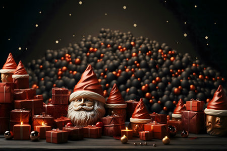 A jolly Santa figurine sits among numerous gifts, surrounded by a mountain of dark red and black spheres, creating a festive winter scene.の写真素材