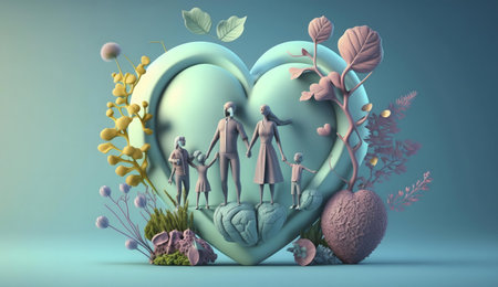 A 3D illustration depicting a family standing on a heart-shaped object, surrounded by flowers and...