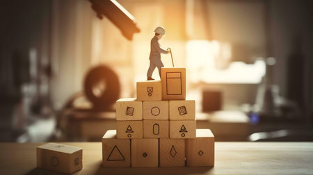 Miniature elderly man climbs wooden blocks, symbolizing life's journey. Warm lighting, blurry...