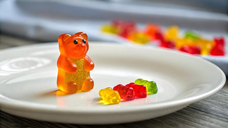 A large gummy bear and smaller ones on a white plate.の写真素材