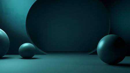 Three spheres rest in a dimly lit teal space defined by curving walls. A simple, elegant design.の写真素材